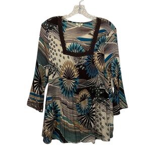 Vintage 90s Y2k Top Babydoll L Square Neck pleated geometric Green Brown boho